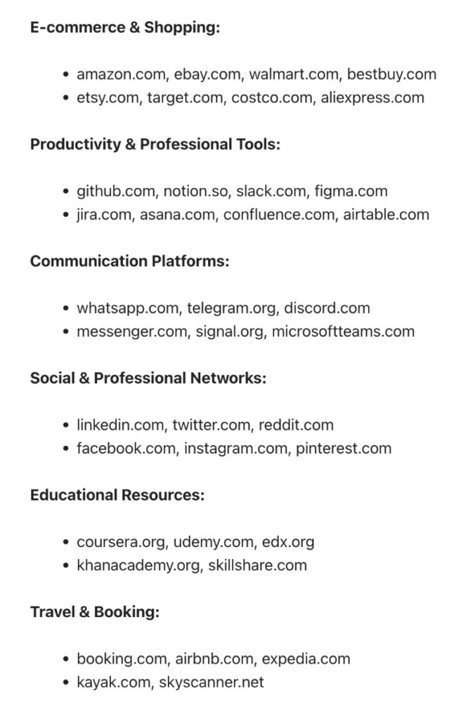 Eコマースならamazon.com, ebay.com、SNSならlinkedin.com, twitter.com (X), reddit.com、開発者向けならgithub.comといった具合です