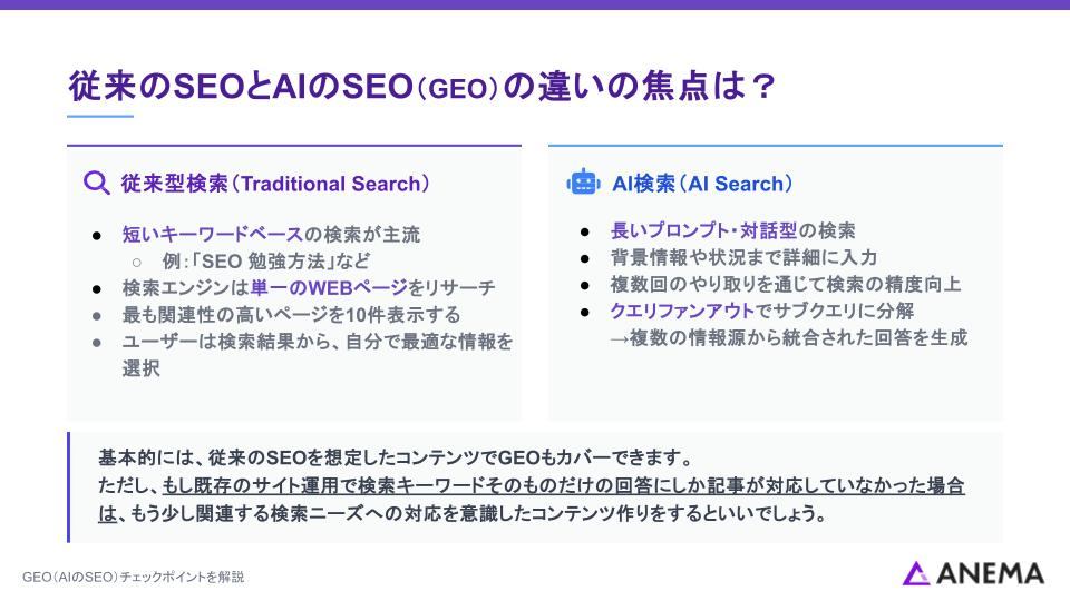 従来のSEOとAIのSEO（GEO）の違いの焦点は？